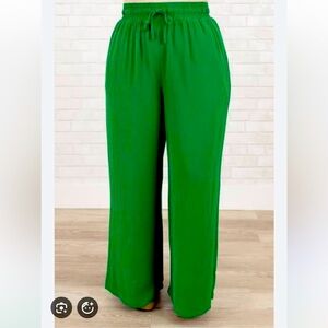 NWOT New York & Co Vibrant Green Women's Pants Drawstring Waist wide leg Sz L